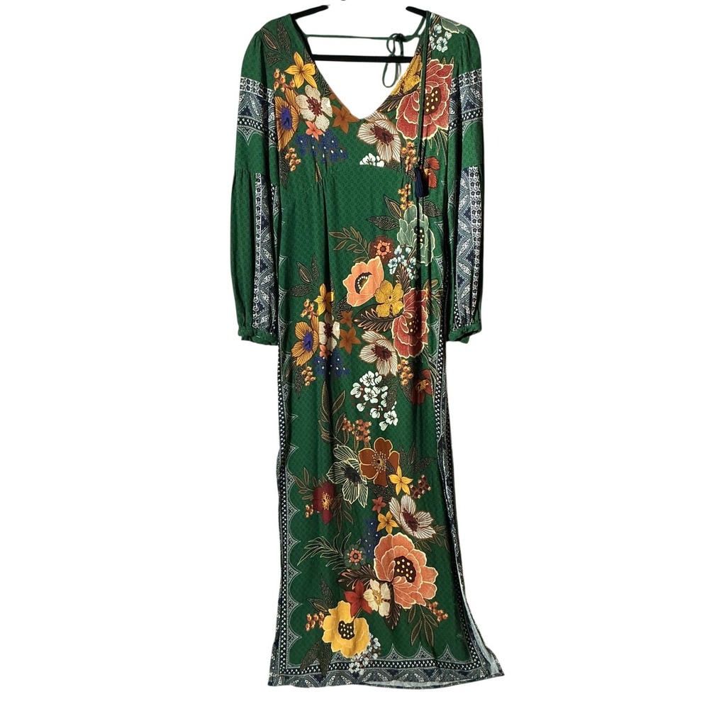 Farm Rio for Anthropologie Verdor Floral Maxi Dress Long Sleeve Tassel XS 238381 - Picture 2 of 6